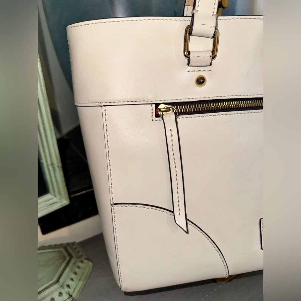 Dooney and Bourke Leather Bone Tote Bag, Gold hardware & blue  accent scarf - Picture 5 of 16